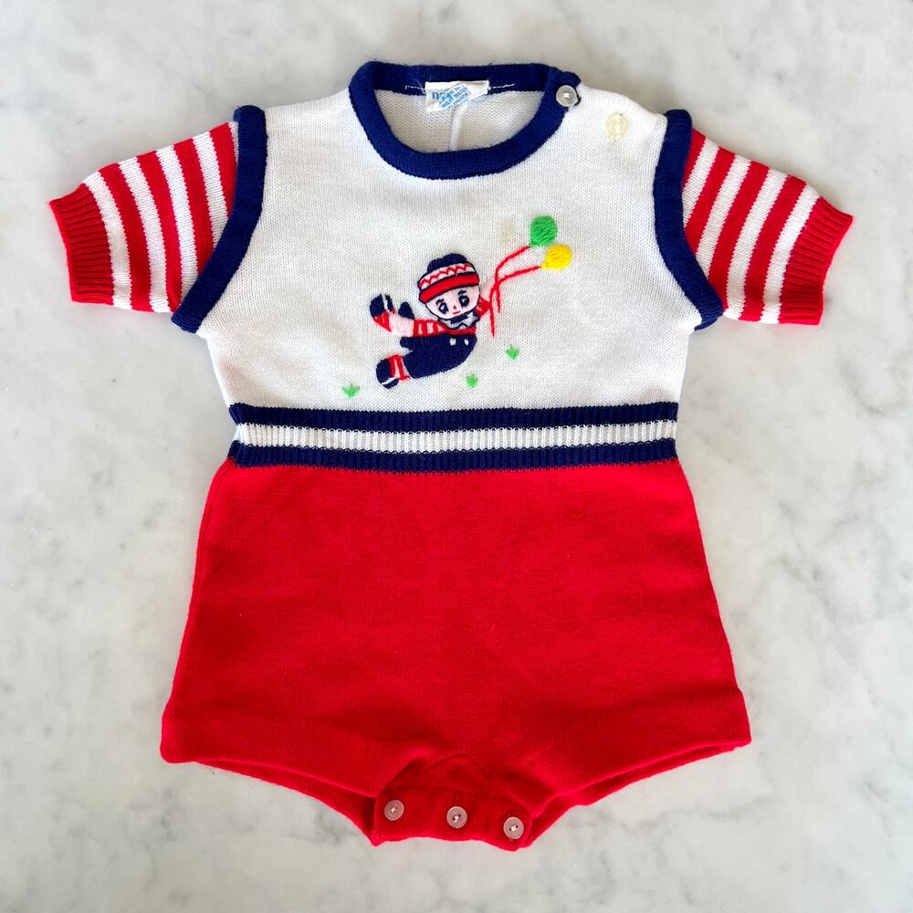 Vintage Baby Embroidered Knit Sweater Romper by Nannette / 6 Months